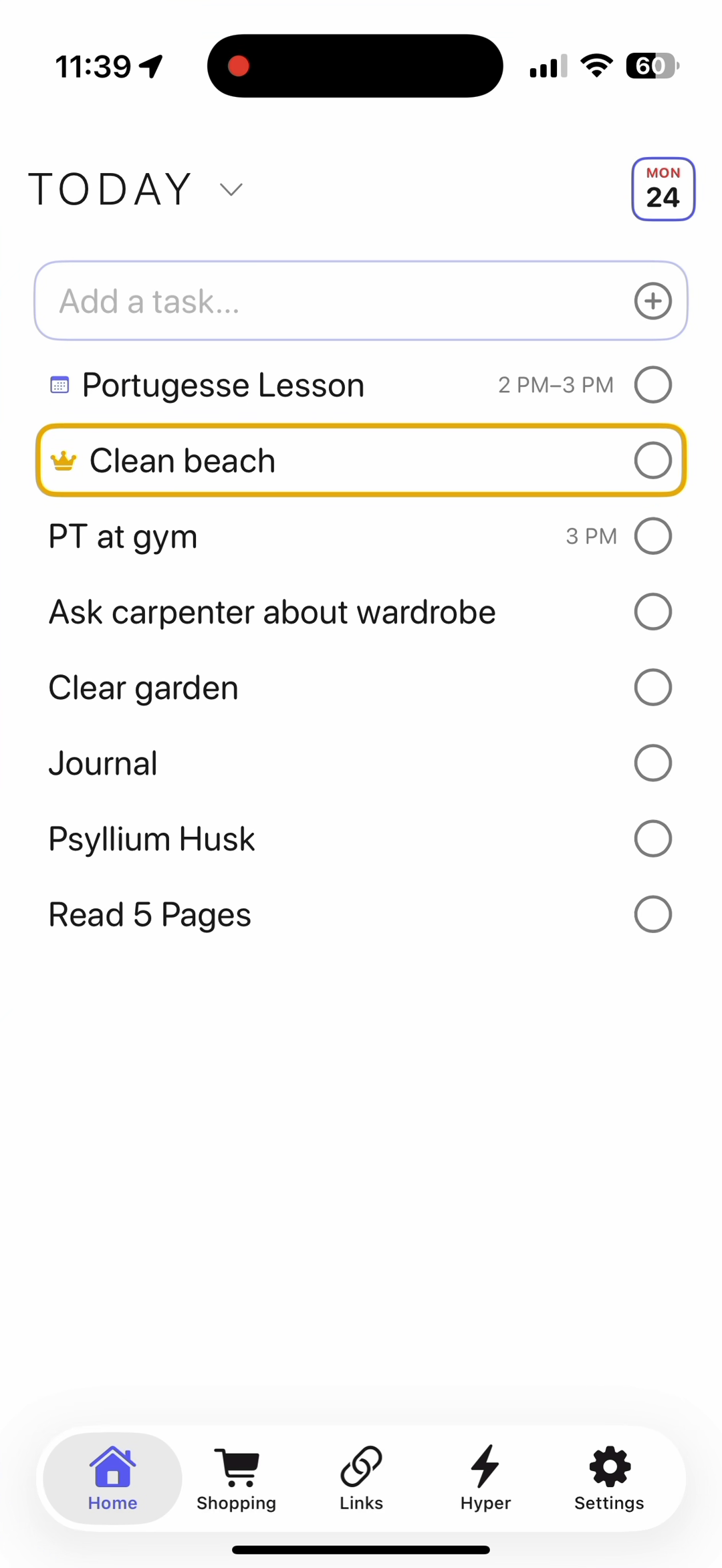 Pulling down on Hyper's list to add a task