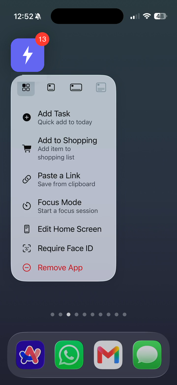 Hyper app icon Quick Actions menu: Add Task, Add to Shopping, Paste a Link, Focus Mode