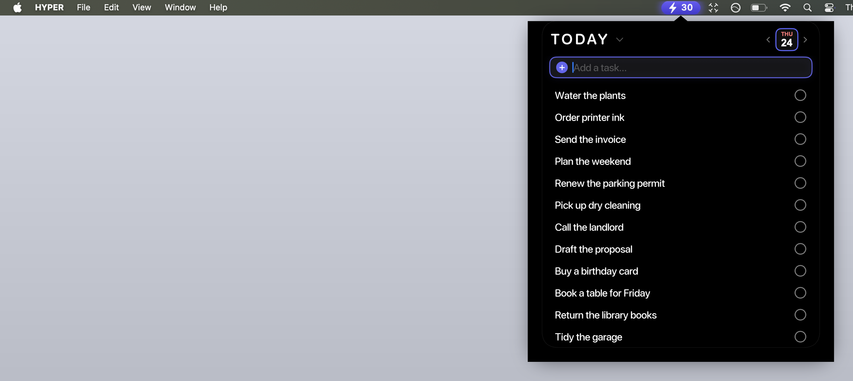 Hyper living in the Mac menu bar, its Today panel open over the desktop